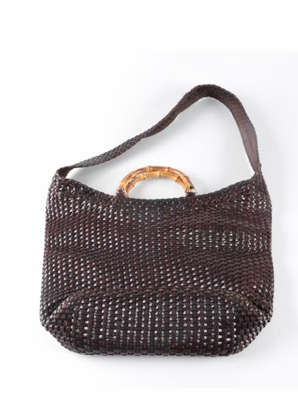 Vintage Gucci Dark Brown Woven Bamboo-Handle Hobo